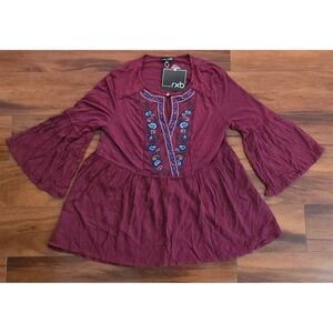 RXB Womens Embroidered Boho Babydoll Bell Sleeve Blouse Burgundy Red Size M NEW